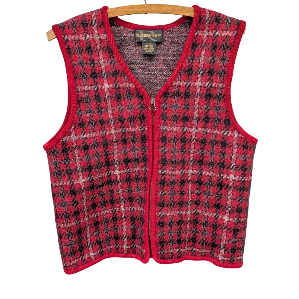 Vintage Heritage Women's Red Plaid Wool Knit Full Zip Vest Sweater- Size Medium